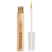 A gold tube of Babe Original Babe Lash Essential Serum stands upright, the cap removed and transparent, showcasing a fine brush applicator crafted for precision. This lash-enhancing serum ensures longer-looking lashes with each application, making it an essential addition to your beauty routine.